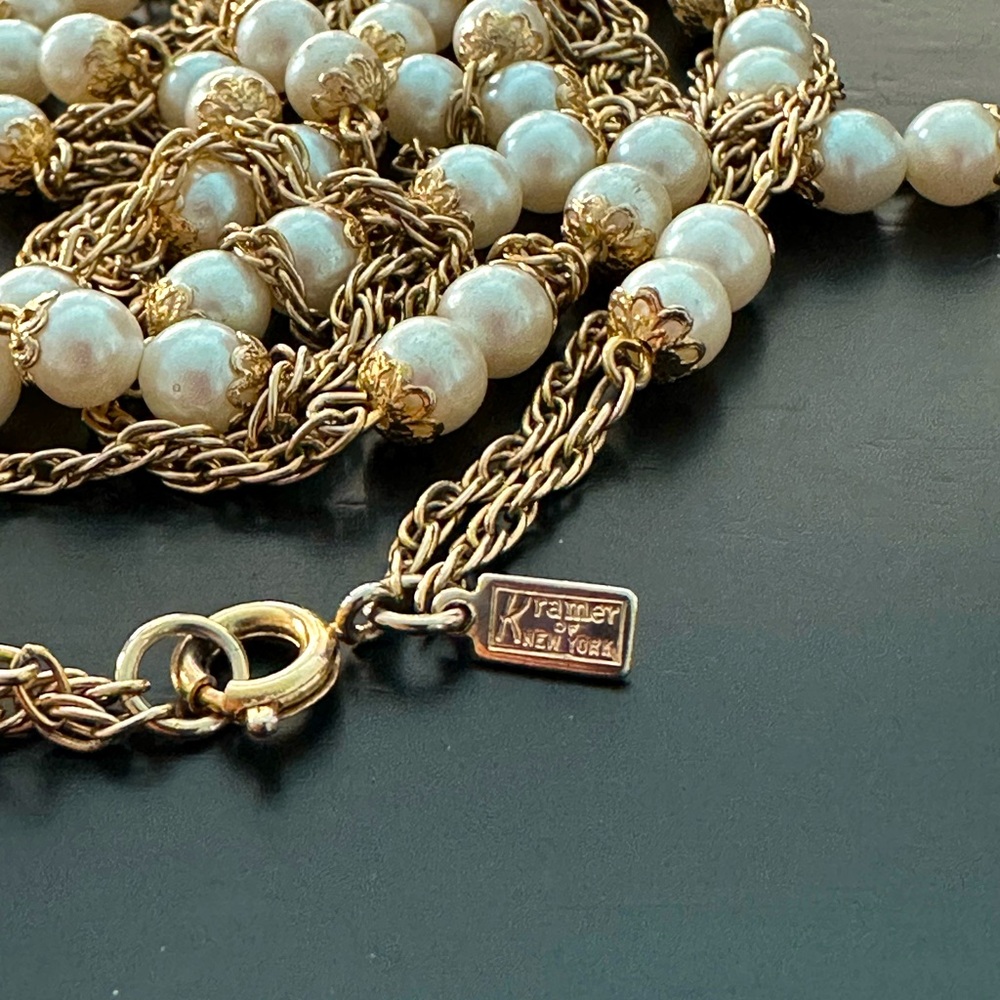 VTG Kramer New York RARE 54” Double Strand Pearl and Gold Station Rope Necklace